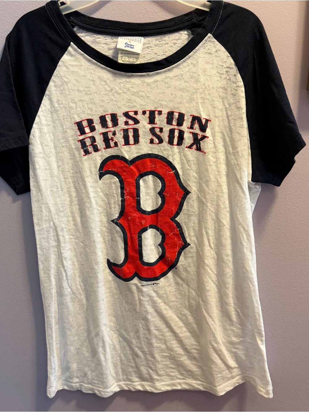 Boston Red Sox Burnout Raglan Tee - White with Navy Sleeves